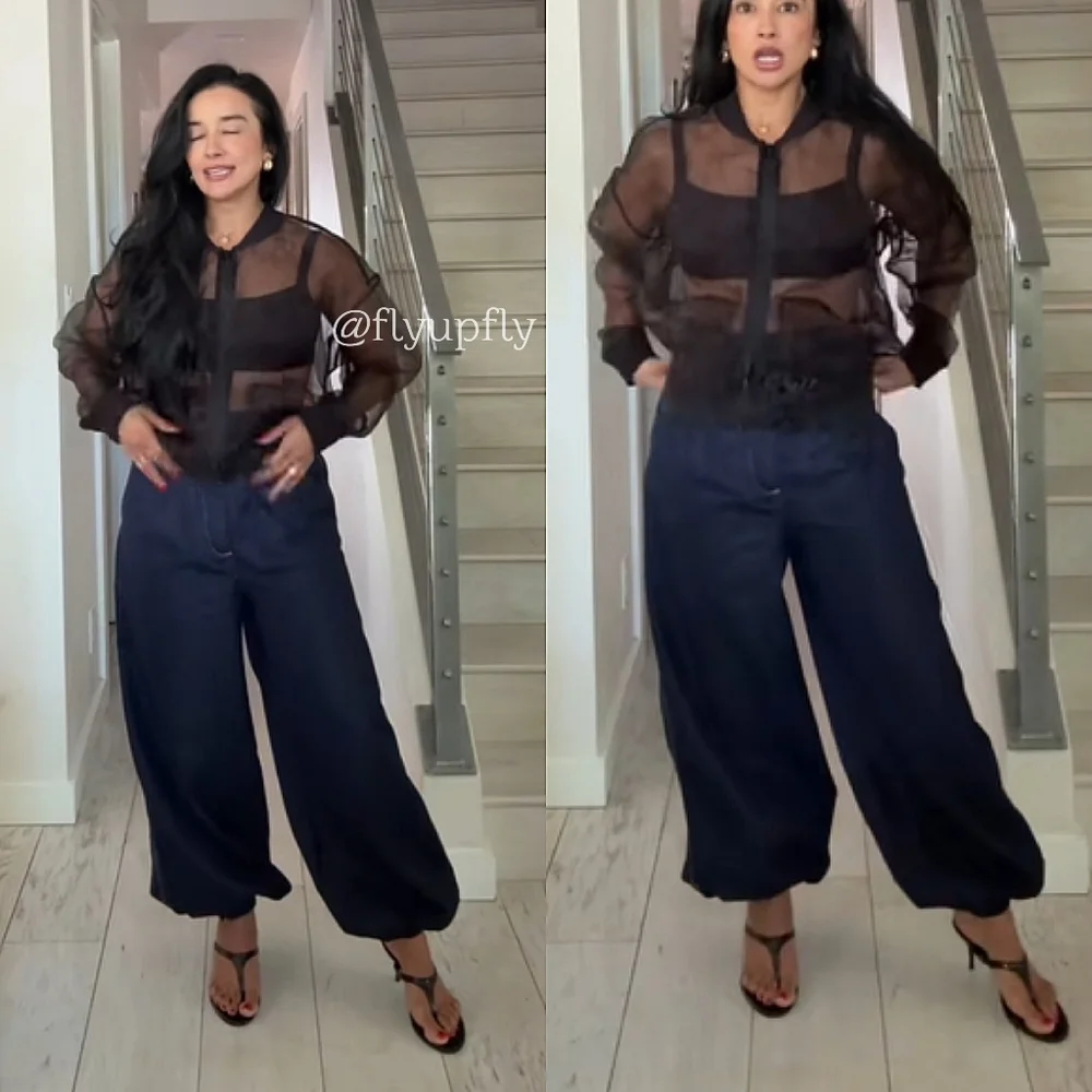 ZARA SET 2pc DENIM BALLOON PANTS and Top DARK BLUE SIZE M